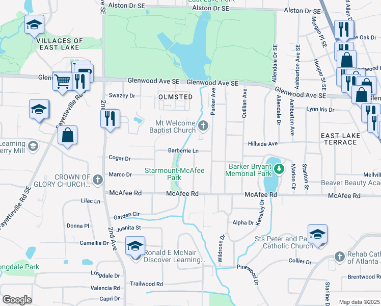 map of restaurants, bars, coffee shops, grocery stores, and more near 1935 McAfee Place in Decatur