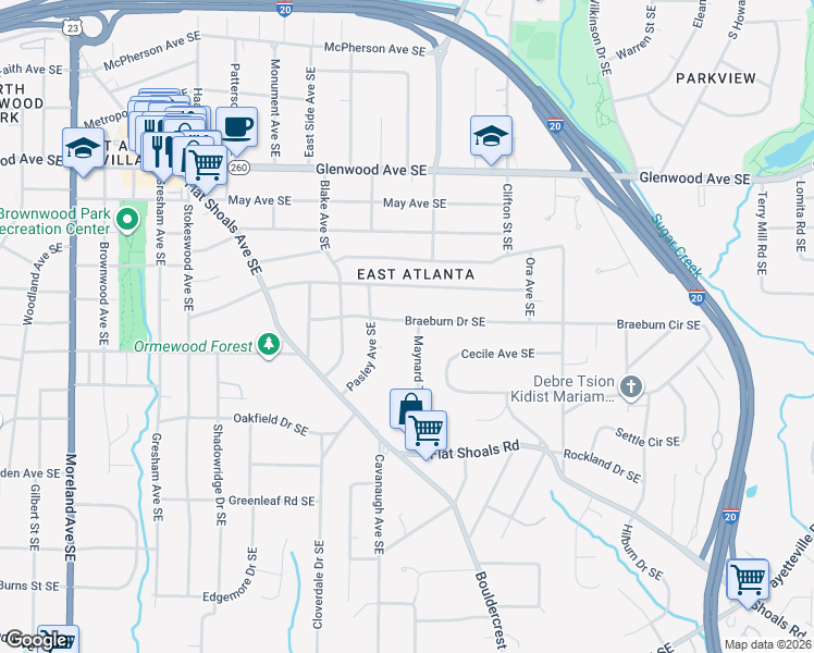 map of restaurants, bars, coffee shops, grocery stores, and more near 1585 Braeburn Drive Southeast in Atlanta