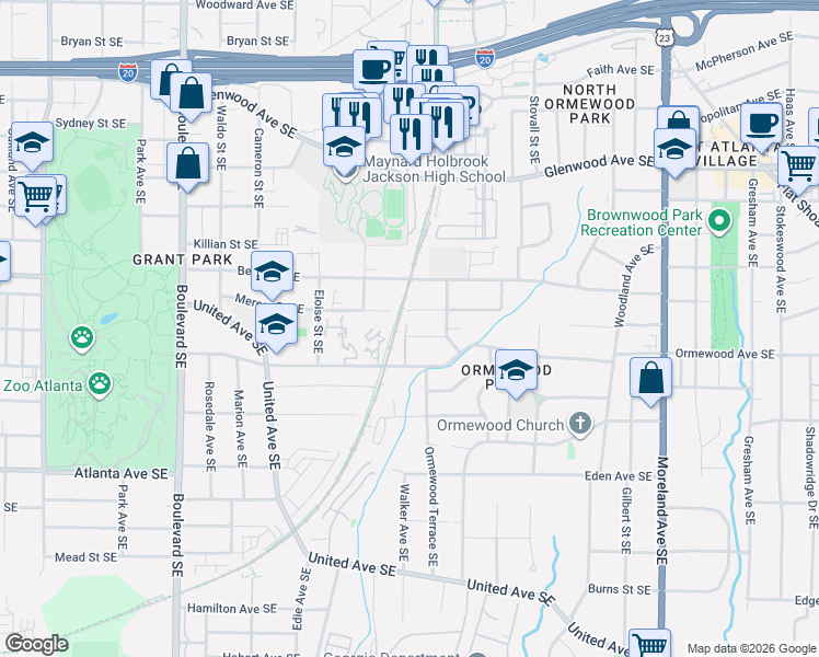 map of restaurants, bars, coffee shops, grocery stores, and more near 835 Mercer Street Southeast in Atlanta