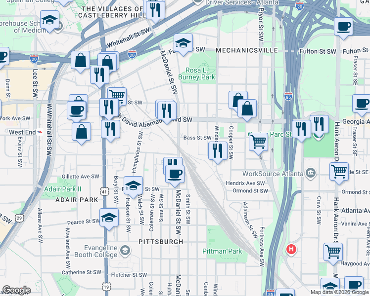 map of restaurants, bars, coffee shops, grocery stores, and more near 720 Smith Street Southwest in Atlanta