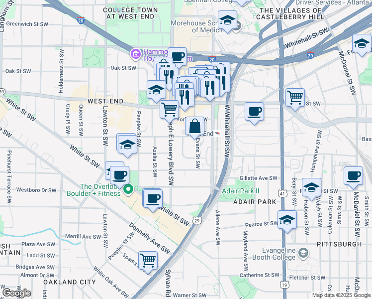 map of restaurants, bars, coffee shops, grocery stores, and more near 723 Victoria Place Southwest in Atlanta