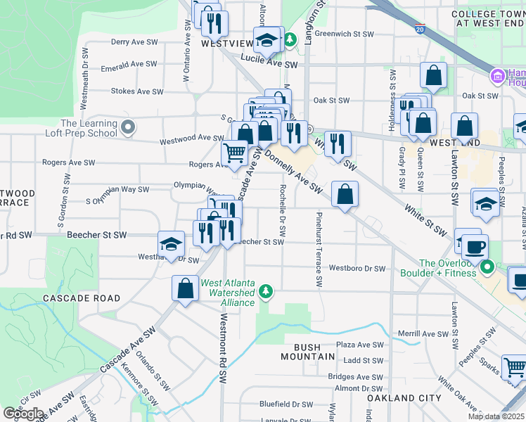 map of restaurants, bars, coffee shops, grocery stores, and more near 750 Cascade Place Southwest in Atlanta