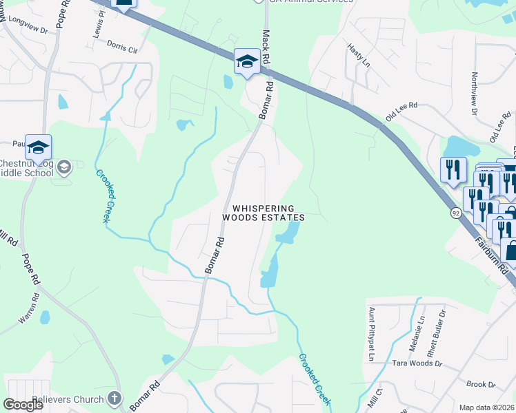 map of restaurants, bars, coffee shops, grocery stores, and more near 2615 Whisper Trail in Douglasville