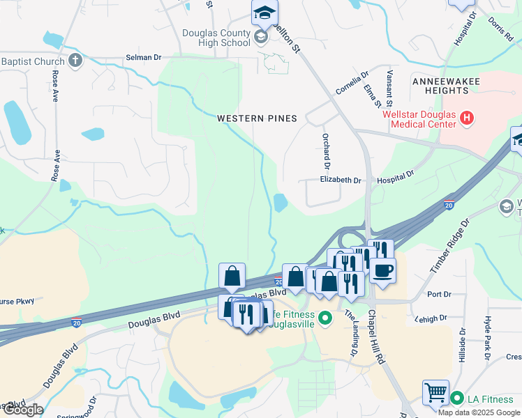 map of restaurants, bars, coffee shops, grocery stores, and more near 9060 Par Drive in Douglasville