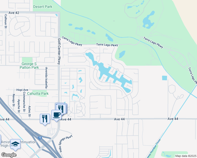 map of restaurants, bars, coffee shops, grocery stores, and more near 43254 Passagio Lago Way in Indio
