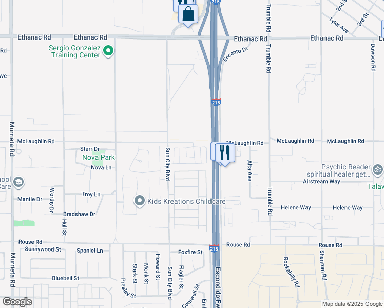 map of restaurants, bars, coffee shops, grocery stores, and more near 26546 Bonneau Lane in Menifee