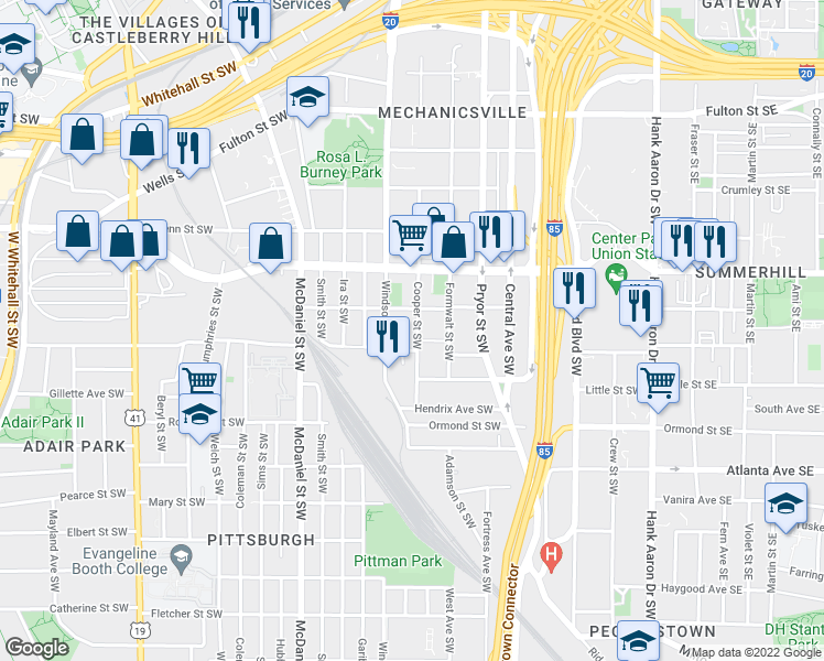 map of restaurants, bars, coffee shops, grocery stores, and more near 729 Cooper Street Southwest in Atlanta