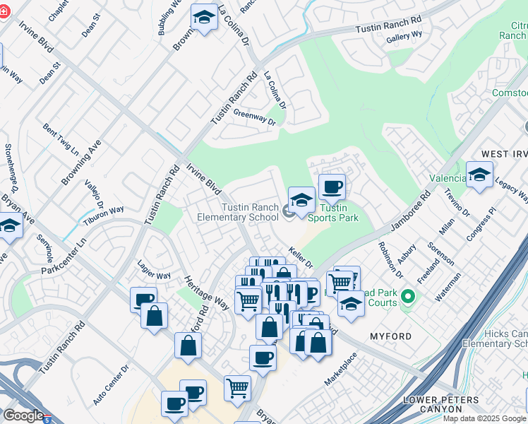 map of restaurants, bars, coffee shops, grocery stores, and more near 2800 Keller Drive in Tustin