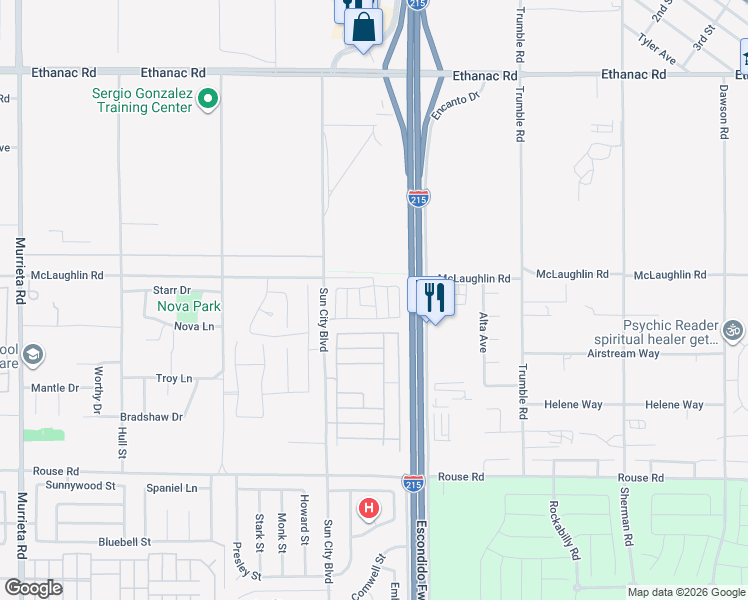 map of restaurants, bars, coffee shops, grocery stores, and more near 26570 Bonneau Lane in Menifee
