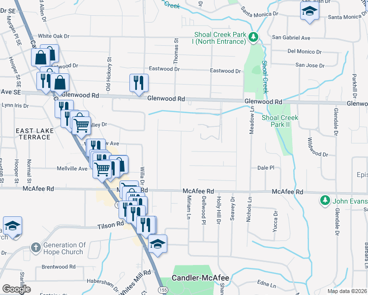 map of restaurants, bars, coffee shops, grocery stores, and more near 1920 Willa Way in Decatur