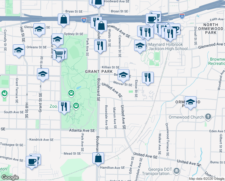 map of restaurants, bars, coffee shops, grocery stores, and more near 707 United Avenue Southeast in Atlanta