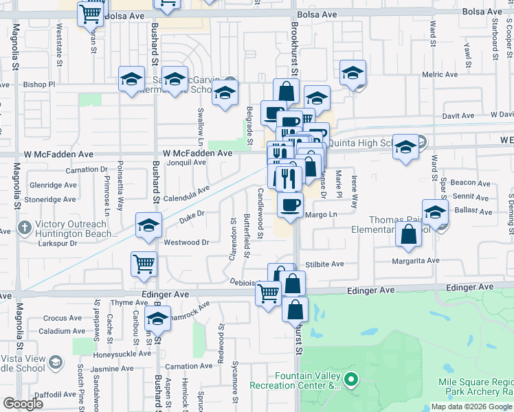 map of restaurants, bars, coffee shops, grocery stores, and more near 15691 Candlewood Street in Westminster