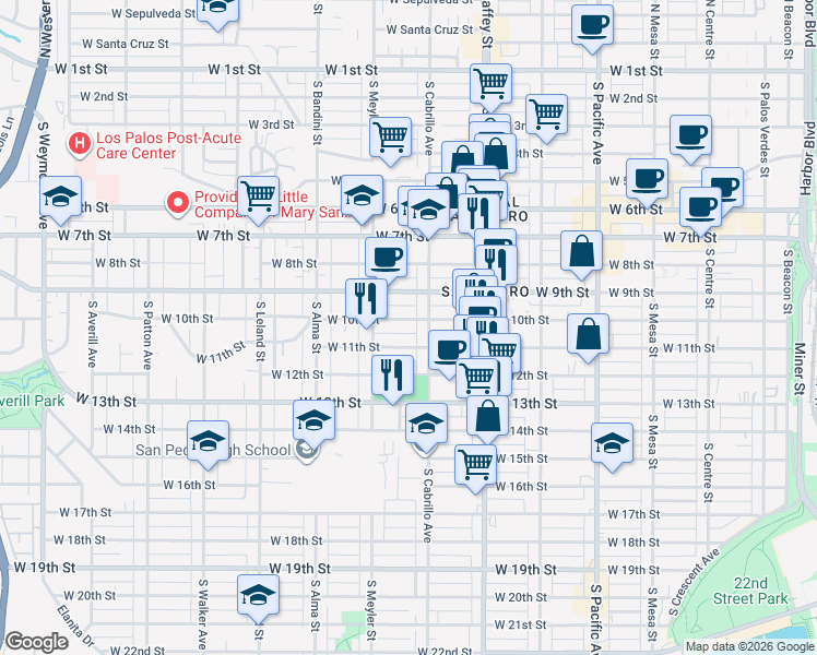 map of restaurants, bars, coffee shops, grocery stores, and more near 827 West 10th Street in Los Angeles