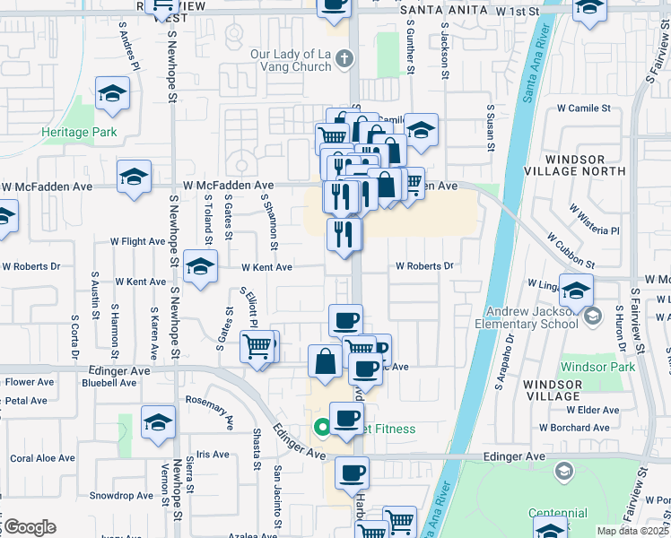 map of restaurants, bars, coffee shops, grocery stores, and more near 922 South Harbor Boulevard in Santa Ana