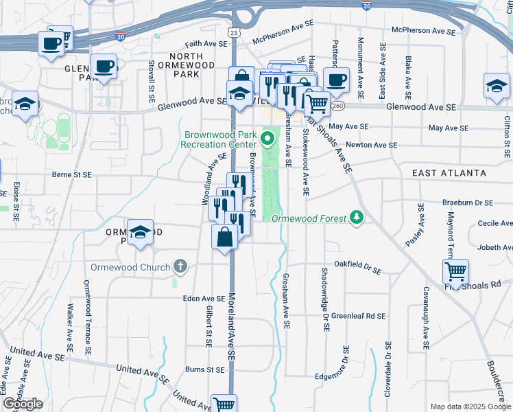 map of restaurants, bars, coffee shops, grocery stores, and more near 706 Brownwood Avenue Southeast in Atlanta