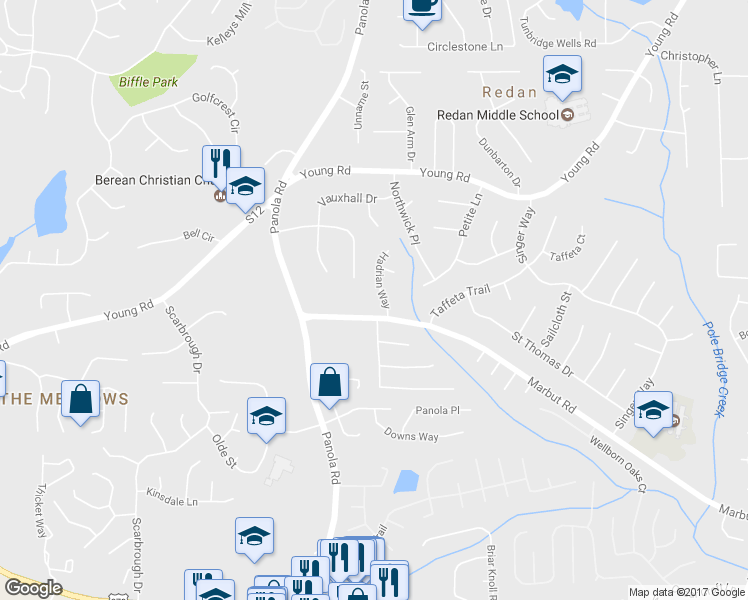 map of restaurants, bars, coffee shops, grocery stores, and more near 1877 Hadrian Way in Lithonia