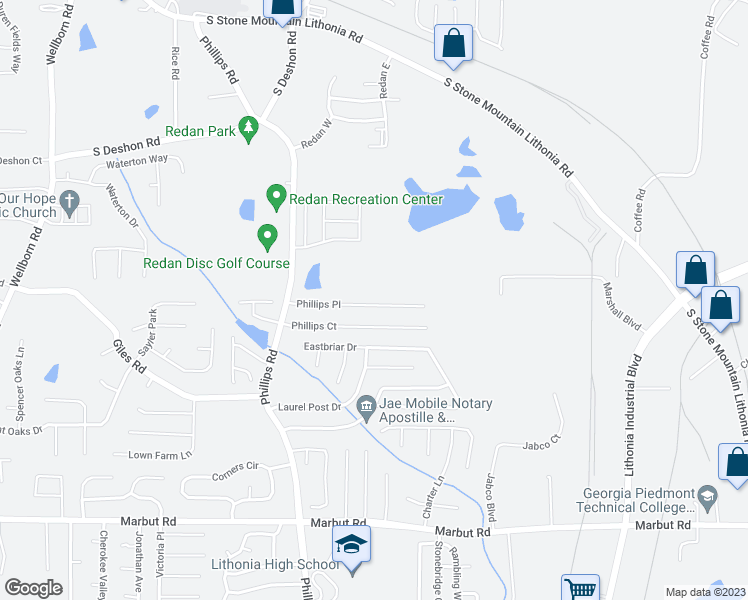 map of restaurants, bars, coffee shops, grocery stores, and more near 6374 Phillips Place in Lithonia