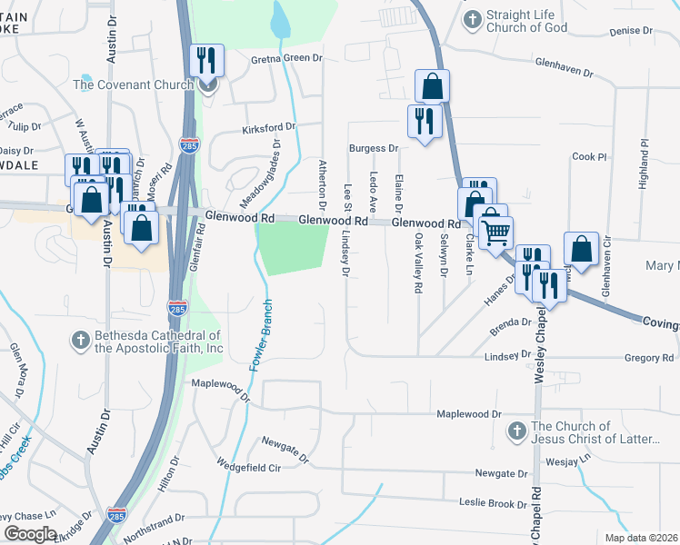 map of restaurants, bars, coffee shops, grocery stores, and more near 3985 Lindsey Drive in Decatur