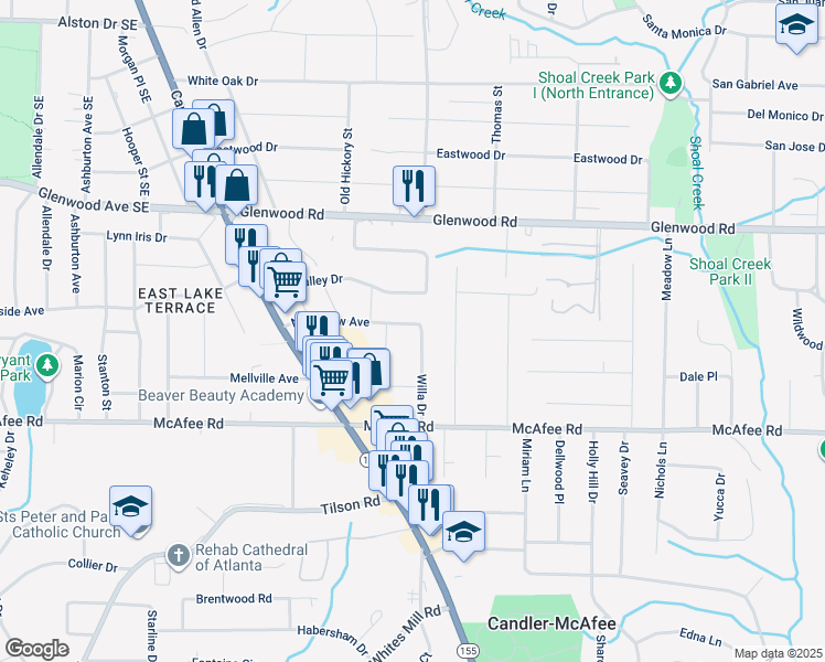 map of restaurants, bars, coffee shops, grocery stores, and more near 1923 Willa Drive in Decatur