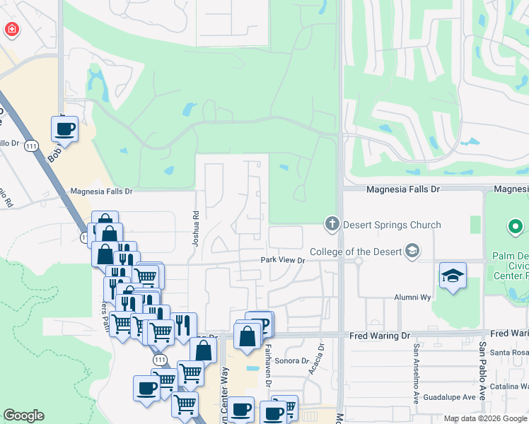 map of restaurants, bars, coffee shops, grocery stores, and more near 22 Vistara Drive in Rancho Mirage