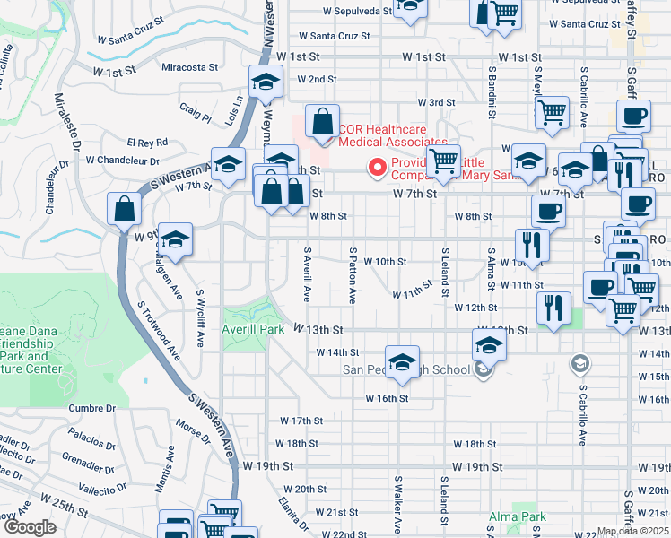 map of restaurants, bars, coffee shops, grocery stores, and more near 1335 West 10th Street in Los Angeles