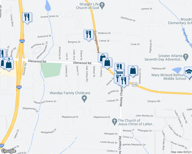 map of restaurants, bars, coffee shops, grocery stores, and more near 1900 Selwyn Drive in Decatur