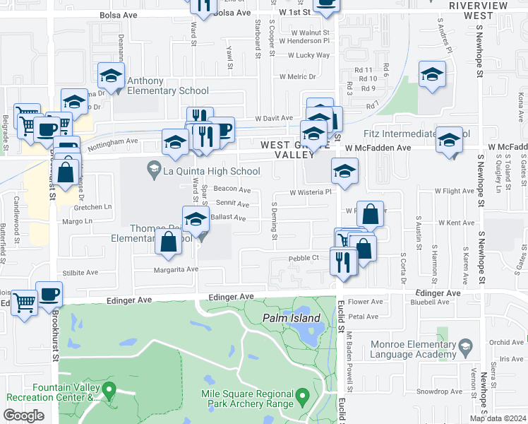map of restaurants, bars, coffee shops, grocery stores, and more near 15702 Starboard Street in Garden Grove