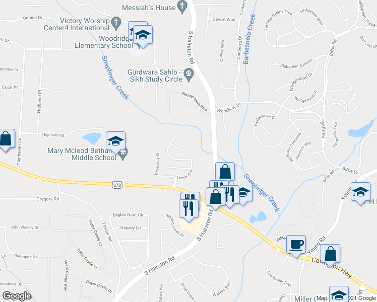 map of restaurants, bars, coffee shops, grocery stores, and more near 4720 Saint James Way in Decatur