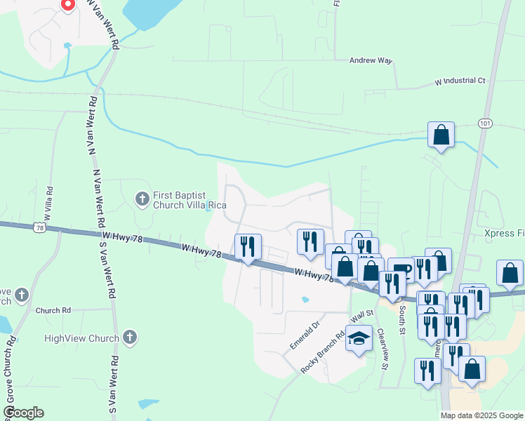 map of restaurants, bars, coffee shops, grocery stores, and more near 37 Cashel Court in Villa Rica