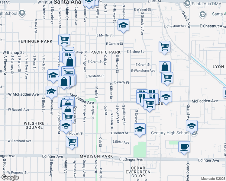 map of restaurants, bars, coffee shops, grocery stores, and more near 1027 South Kilson Drive in Santa Ana