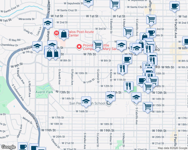 map of restaurants, bars, coffee shops, grocery stores, and more near 1129 West 10th Street in Los Angeles