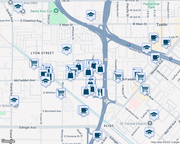map of restaurants, bars, coffee shops, grocery stores, and more near 15761 Tustin Village Way in Tustin