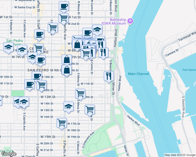 map of restaurants, bars, coffee shops, grocery stores, and more near 255 West 10th Street in Los Angeles