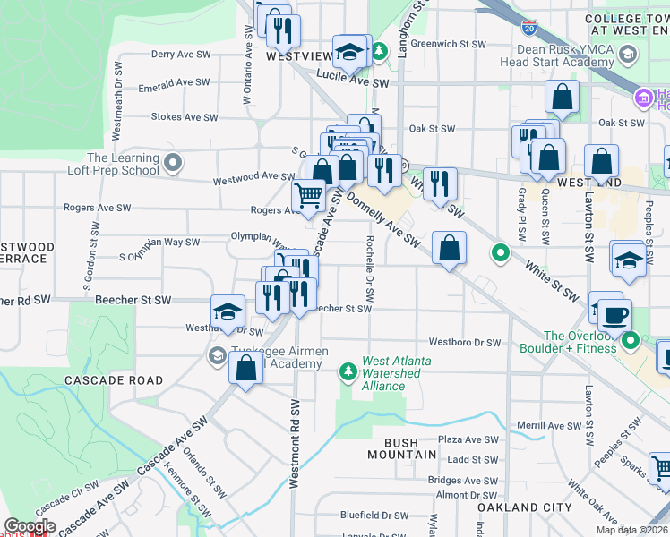 map of restaurants, bars, coffee shops, grocery stores, and more near 747 Cascade Place Southwest in Atlanta