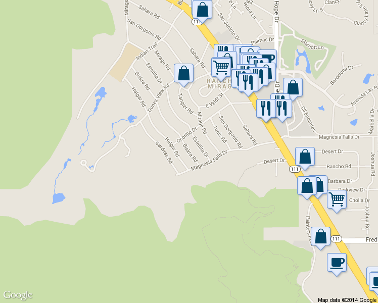 map of restaurants, bars, coffee shops, grocery stores, and more near 71546 Biskra Rd in Rancho Mirage