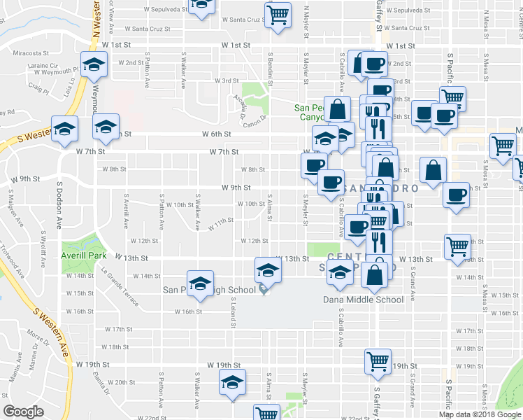 map of restaurants, bars, coffee shops, grocery stores, and more near 1006 West 11th Street in Los Angeles