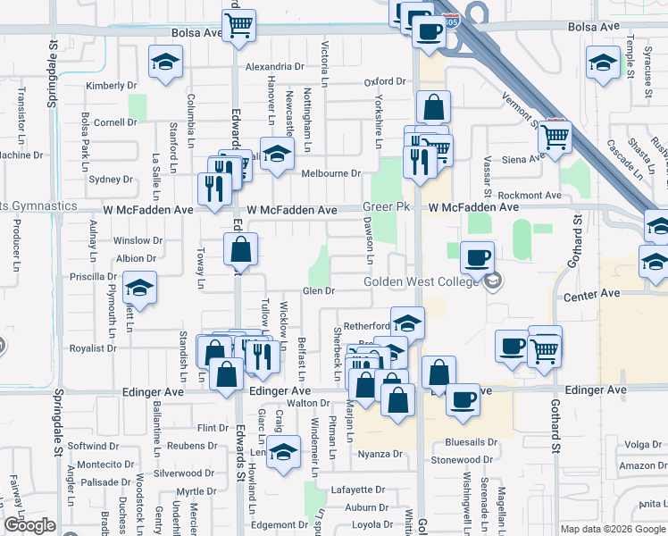map of restaurants, bars, coffee shops, grocery stores, and more near 6771 Sunview Drive in Huntington Beach