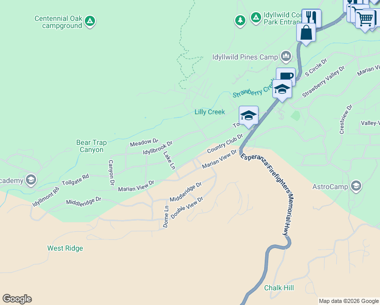 map of restaurants, bars, coffee shops, grocery stores, and more near 53505 Tollgate Road in Idyllwild-Pine Cove