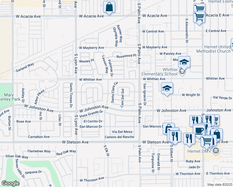 map of restaurants, bars, coffee shops, grocery stores, and more near 301 San Carlos Drive in Hemet