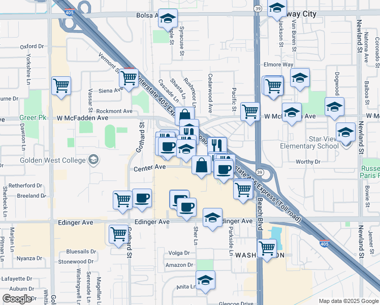 map of restaurants, bars, coffee shops, grocery stores, and more near 7755 Center Avenue in Huntington Beach