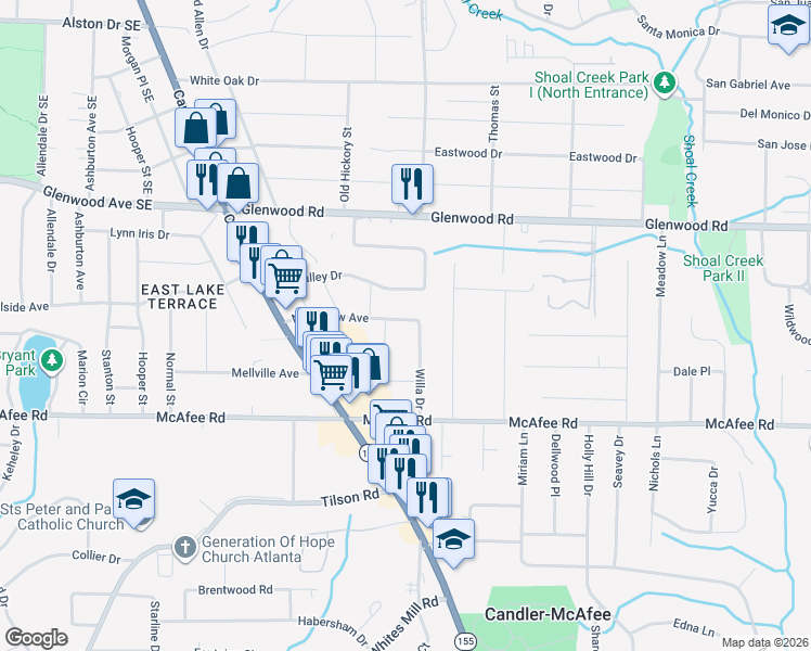map of restaurants, bars, coffee shops, grocery stores, and more near 1923 Willa Drive in Decatur