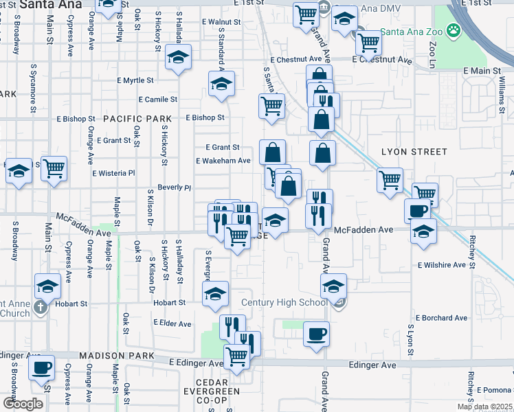map of restaurants, bars, coffee shops, grocery stores, and more near 1025 South Minnie Street in Santa Ana
