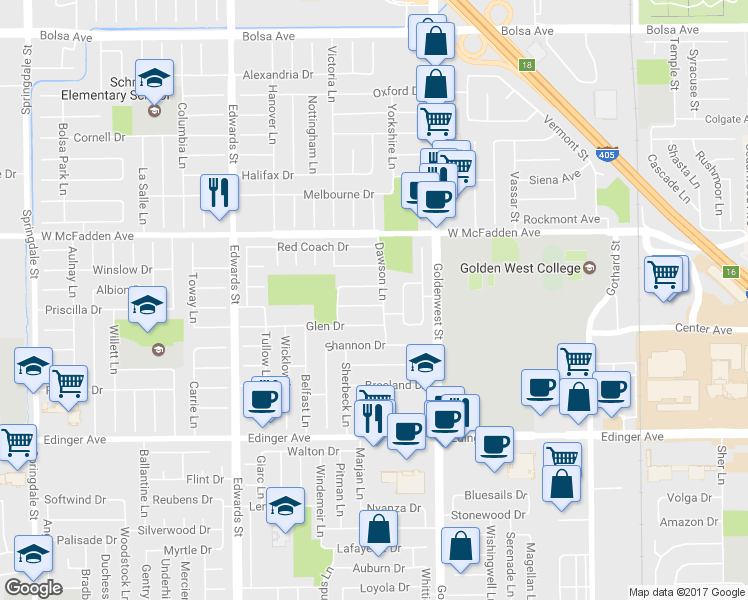 map of restaurants, bars, coffee shops, grocery stores, and more near 6851 Sunview Drive in Huntington Beach