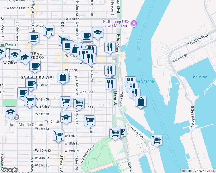 map of restaurants, bars, coffee shops, grocery stores, and more near 125 West 10th Street in Los Angeles