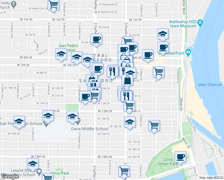 map of restaurants, bars, coffee shops, grocery stores, and more near 1008 South Grand Avenue in Los Angeles