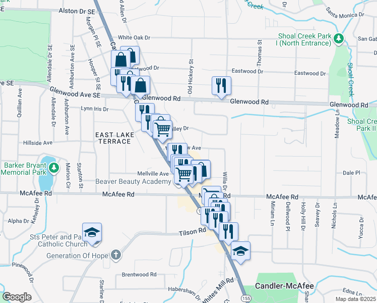 map of restaurants, bars, coffee shops, grocery stores, and more near 2599 Northview Avenue in Decatur