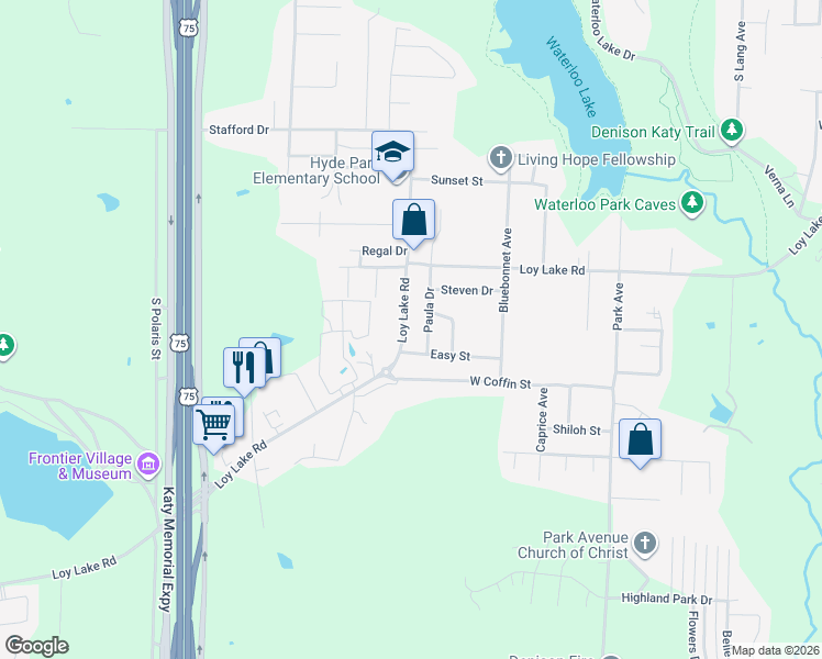 map of restaurants, bars, coffee shops, grocery stores, and more near 2640 Loy Lake Road in Denison