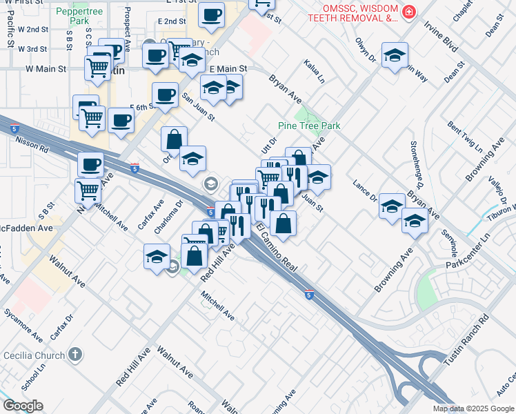 map of restaurants, bars, coffee shops, grocery stores, and more near 13871 Red Hill Ave in Tustin