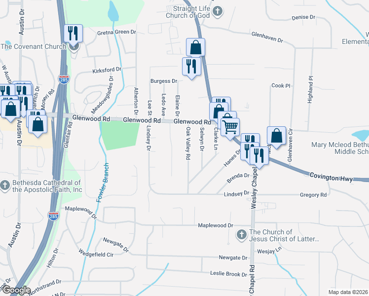map of restaurants, bars, coffee shops, grocery stores, and more near 1902 Janet Lane in Decatur