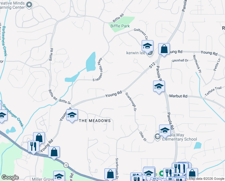 map of restaurants, bars, coffee shops, grocery stores, and more near 2365 Young Road in Stone Mountain